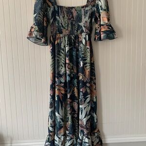 Women’s Green Botanical Dress with Smocked Bodice